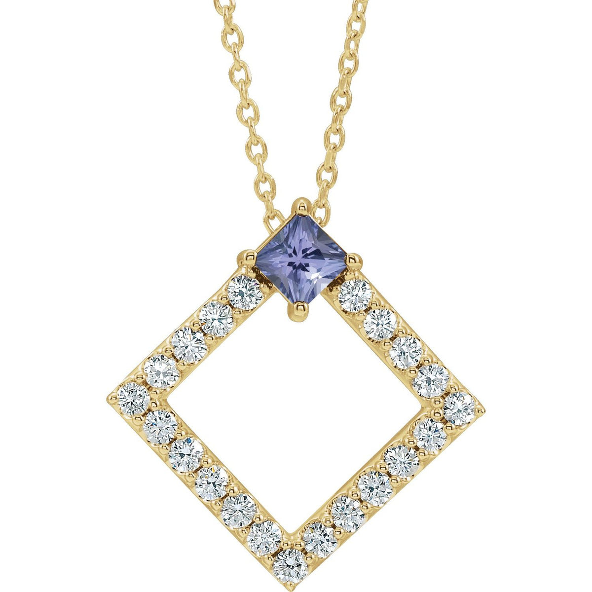 Open Square Tanzanite Necklace with Diamonds in 14K Yellow Gold