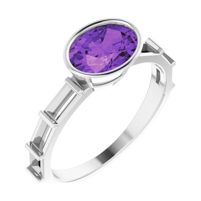Oval Amethyst Bezel-Set Engagement Ring in 14K White Gold with 1.5 ct oval diamond