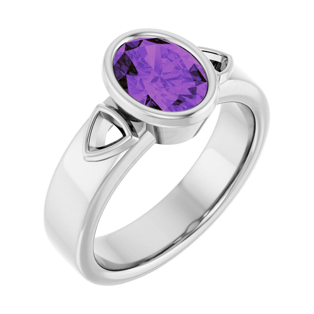 Oval Amethyst Bezel-Set Engagement Ring in 14K White Gold with 1.5 ct oval diamond