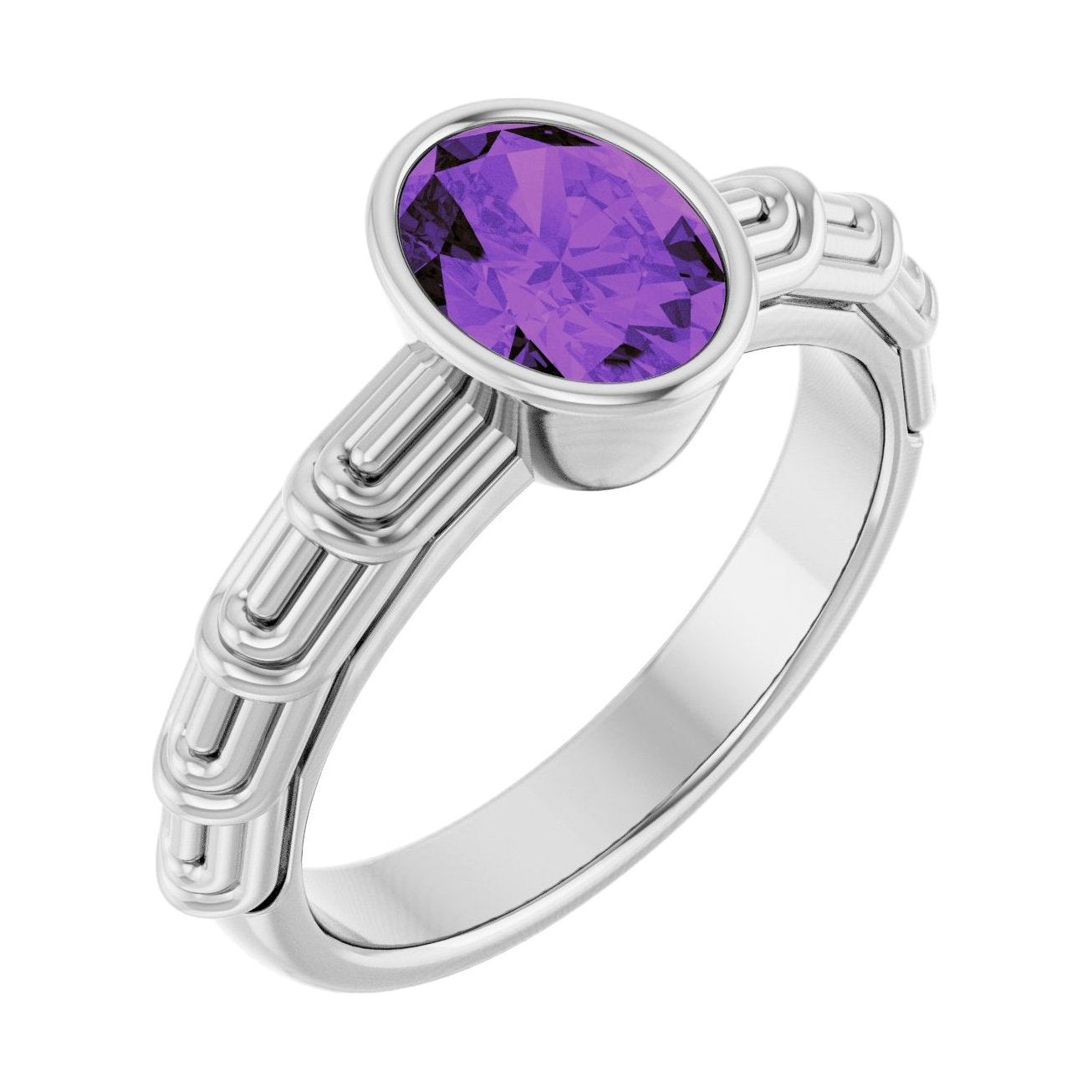 Oval Amethyst Bezel-Set Engagement Ring in 14K White Gold with 1.5 ct oval diamond