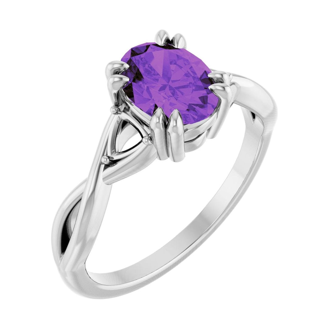 Oval Amethyst Double Claw-Prong Three-Stone Engagement Ring in 14K White Gold with 1.5 ct oval diamond