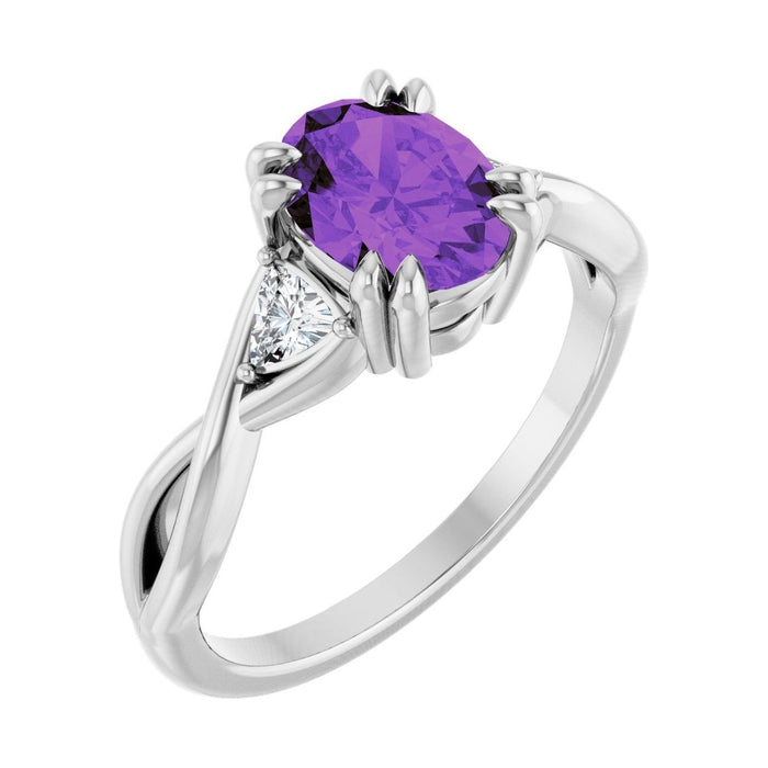 Oval Amethyst Double Claw-Prong Three-Stone Engagement Ring in 14K White Gold with 1.5 ct oval diamond