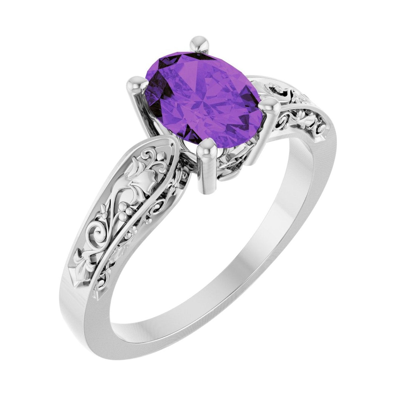 Oval Amethyst Floral Sculptural Solitaire Engagement Ring in 14K White Gold with 1.5 ct oval diamond