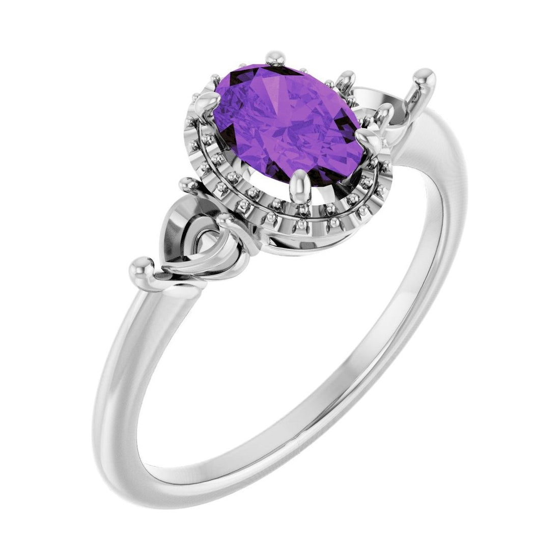 Oval Amethyst Halo-Accented Three-Stone Engagement Ring in 14K White Gold with 1.0 ct oval diamond