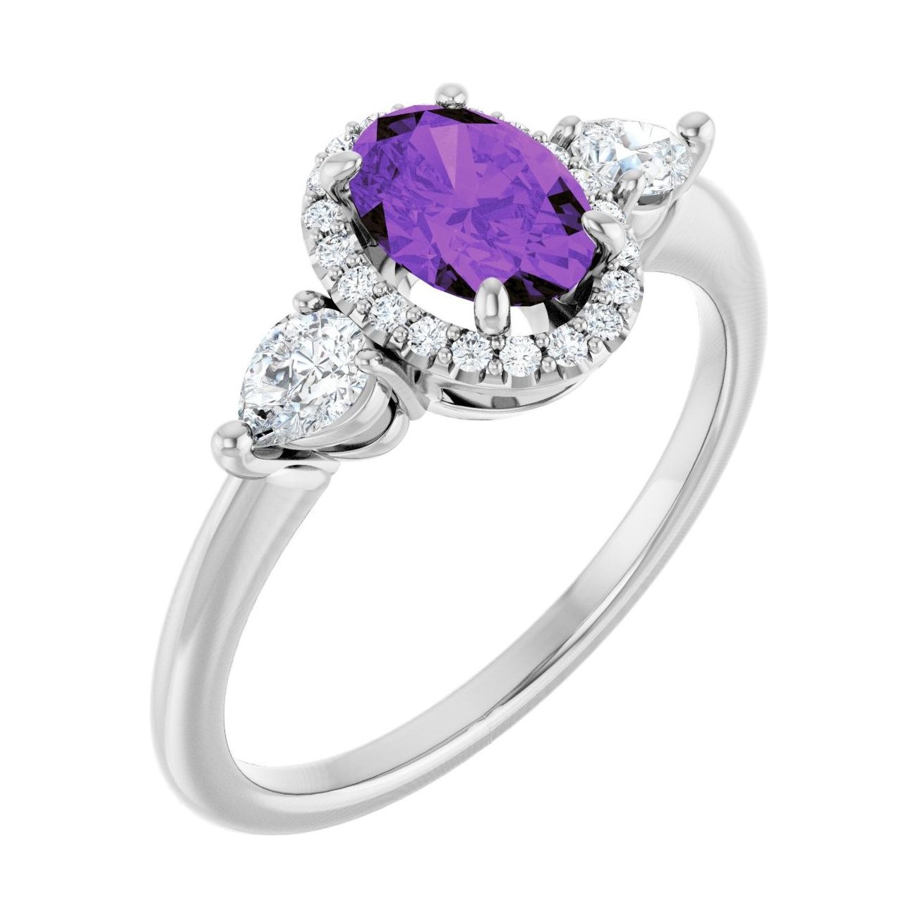 Oval Amethyst Halo-Accented Three-Stone Engagement Ring in 14K White Gold with 1.0 ct oval diamond