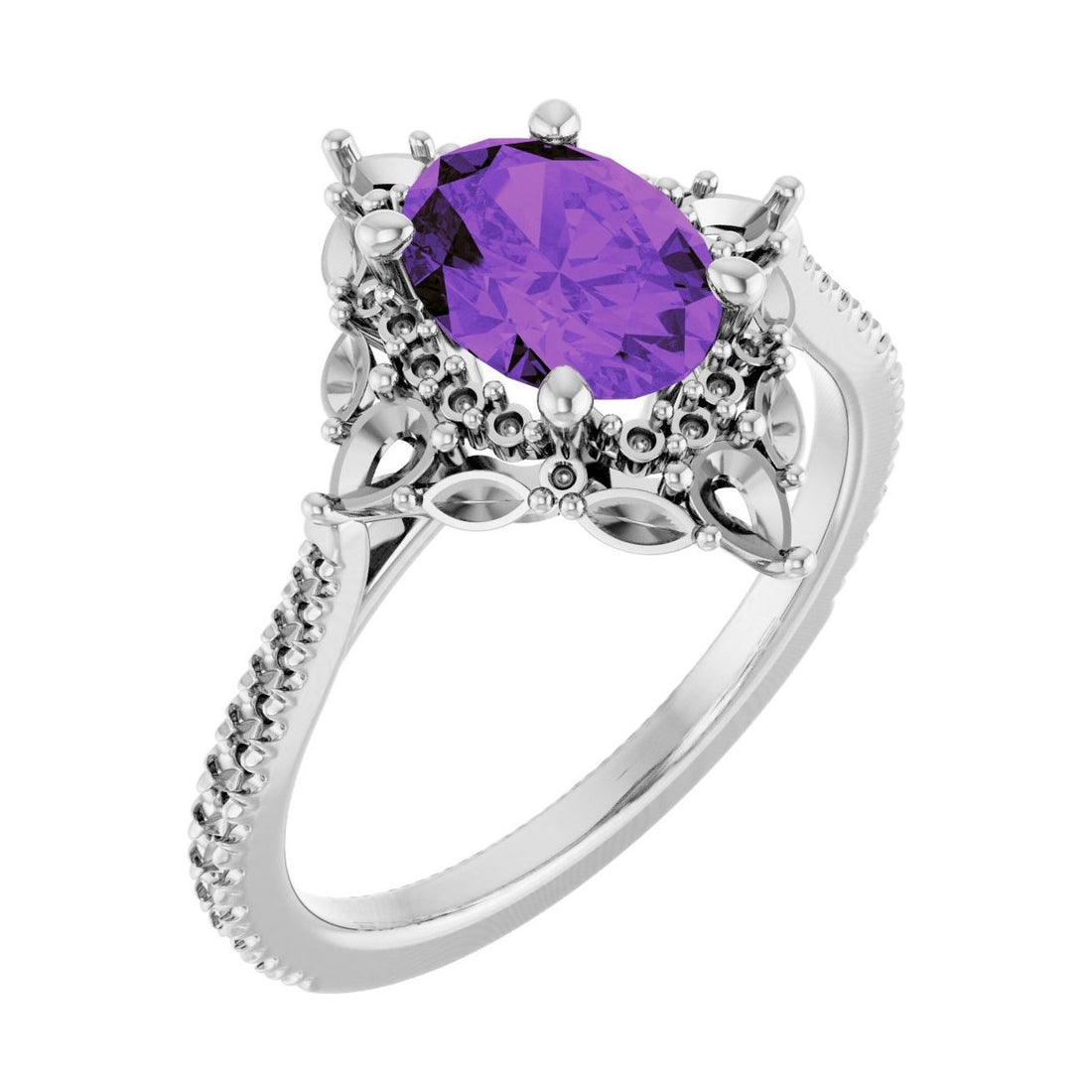 Oval Amethyst Halo Engagement Ring in 14K White Gold with 1.5 ct oval diamond