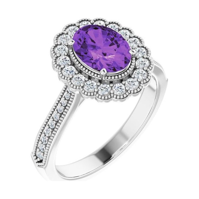 Oval Amethyst Halo Engagement Ring in 14K White Gold with 1.5 ct oval diamond