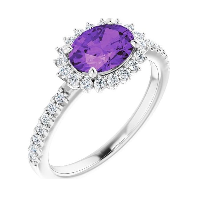 Oval Amethyst Halo Engagement Ring in 14K White Gold with 1.5 ct oval diamond