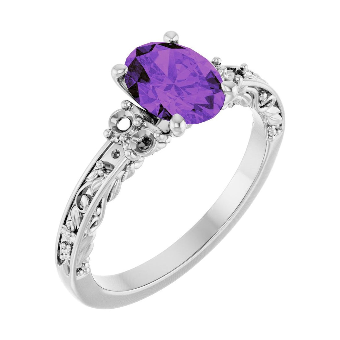 Oval Amethyst Sculptural Pavé Engagement Ring in 14K White Gold with 1.5 ct oval diamond