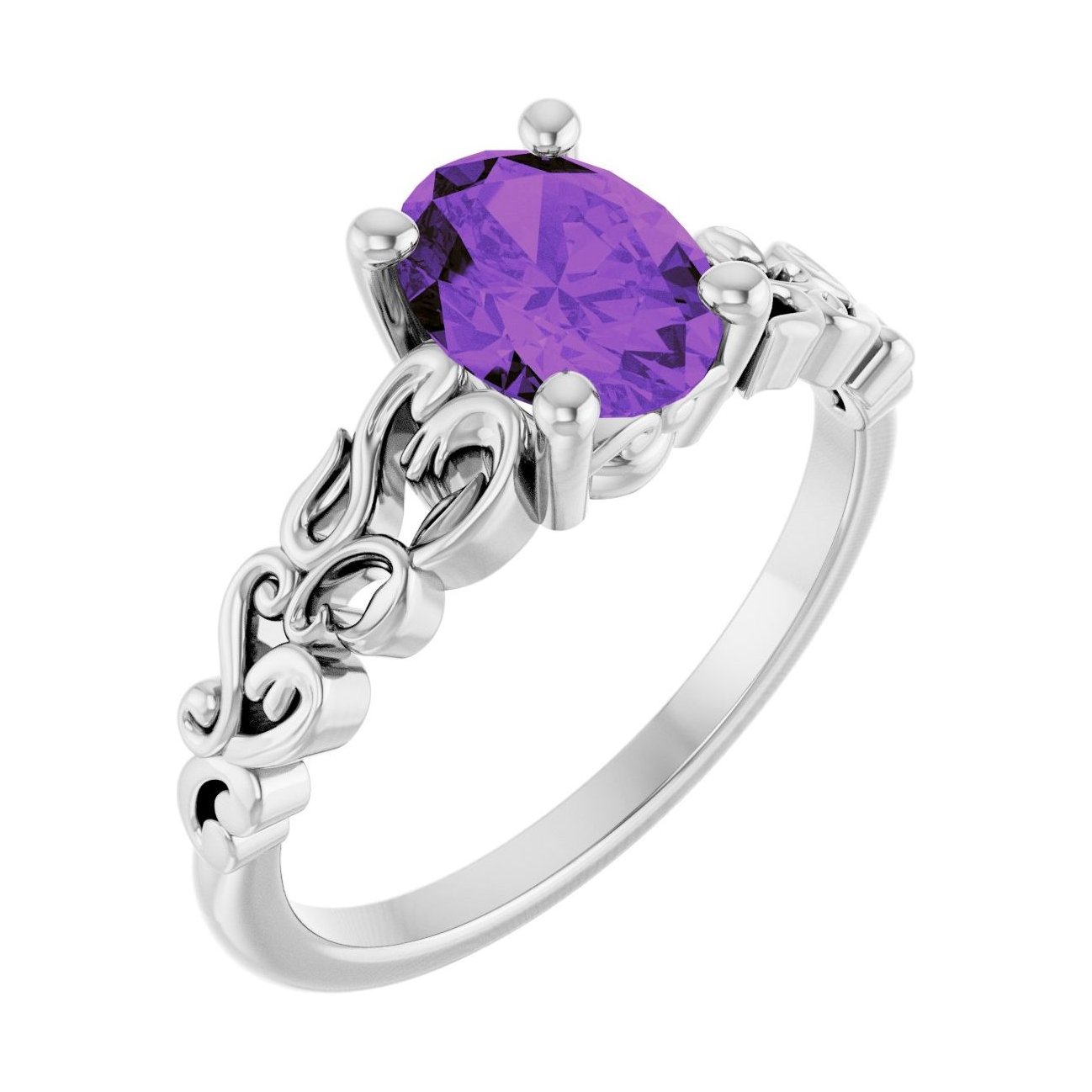 Oval Amethyst Sculptural Solitaire Engagement Ring in 14K White Gold with 1.5 ct oval diamond