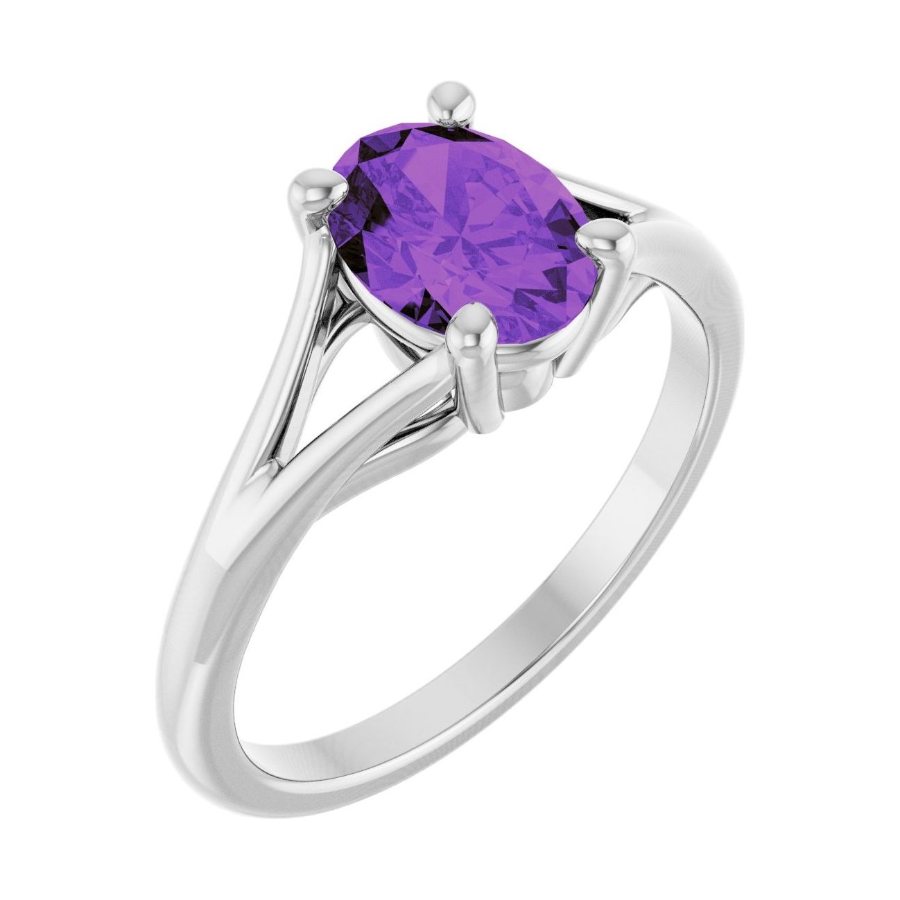 Oval Amethyst Split-Shank Engagement Ring in 14K White Gold with 1.5 ct oval diamond