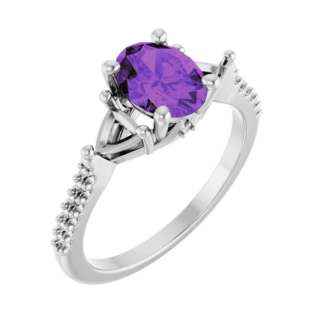 Oval Amethyst Three-Stone Engagement Ring in 14K White Gold with 1.5 ct oval diamond