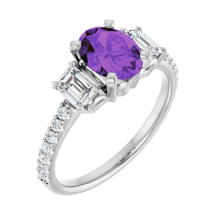 Oval Amethyst Three-Stone Engagement Ring in 14K White Gold with 1.5 ct oval diamond