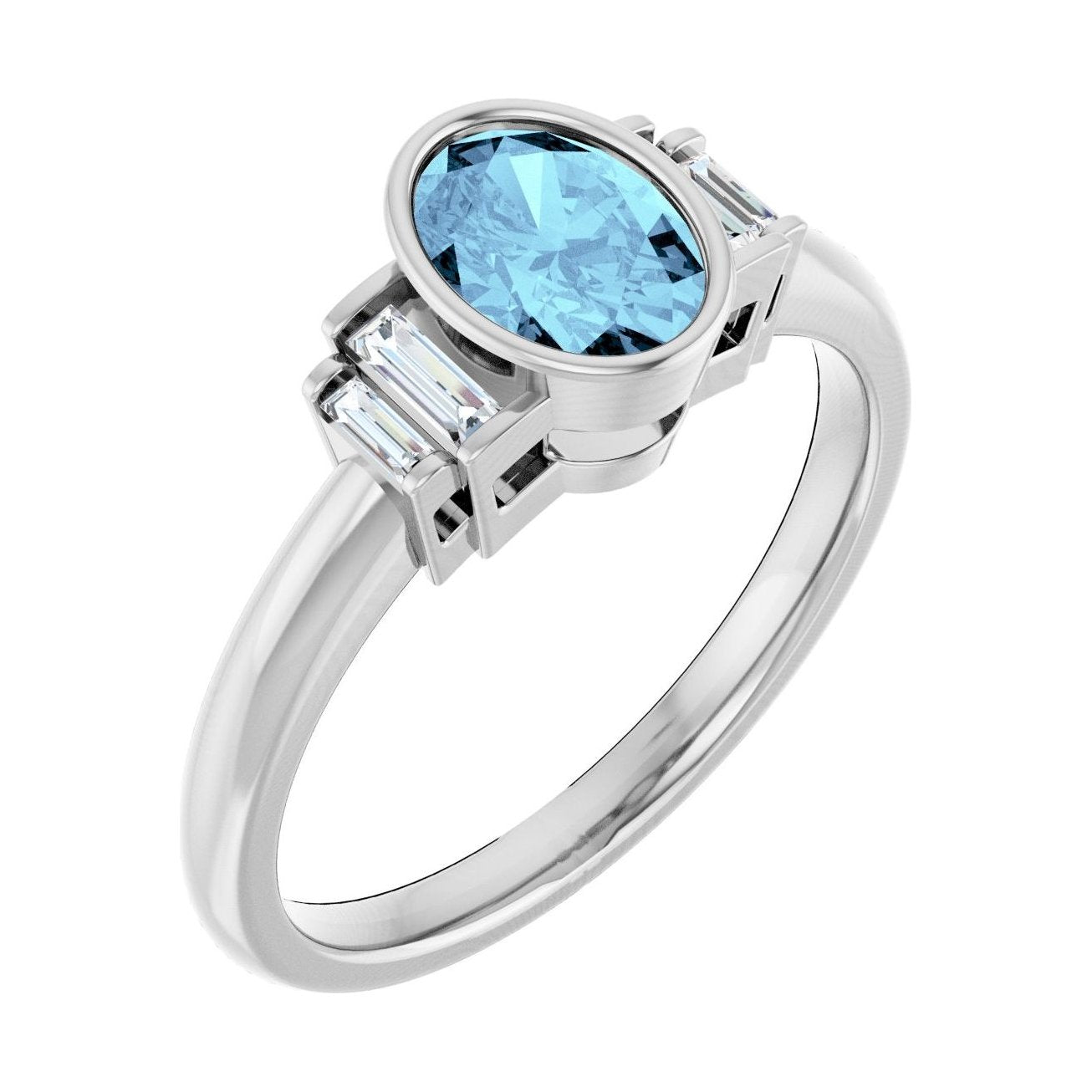 Oval Aquamarine Bezel-Set Engagement Ring in 14K White Gold with 1.0 ct oval diamond