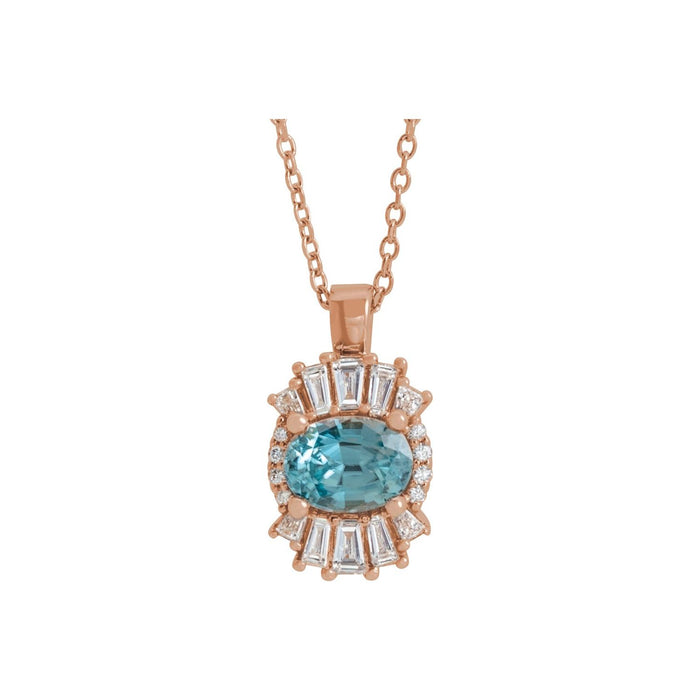 Oval Aquamarine Necklace, Diamond Deco Halo in 14K Rose Gold