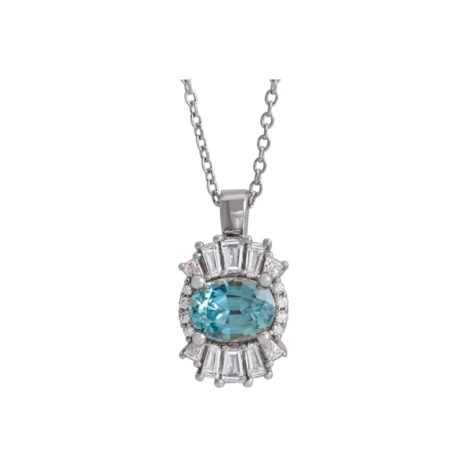 Oval Aquamarine and Diamond Deco Halo Necklace in 14K White Gold on a 16 to 18 inch adjustable gold cable chain