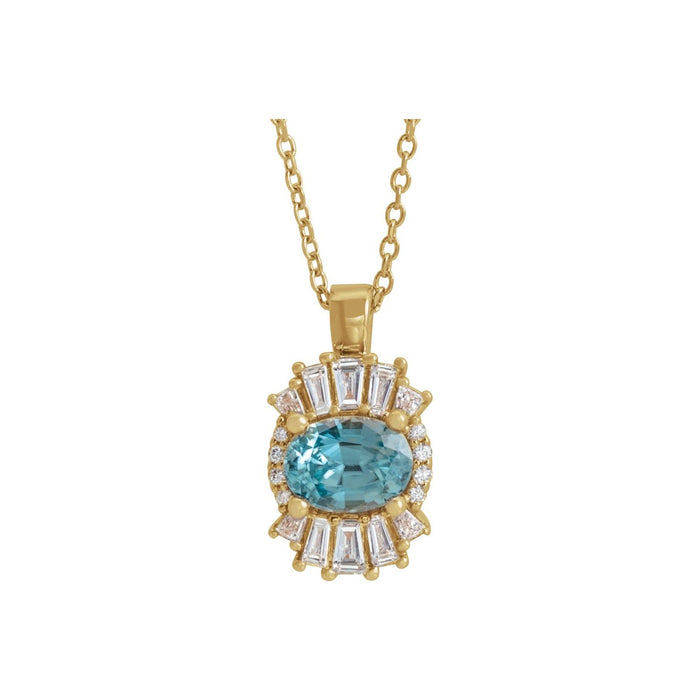 Oval Aquamarine Necklace, Diamond Deco Halo in 14K Yellow Gold