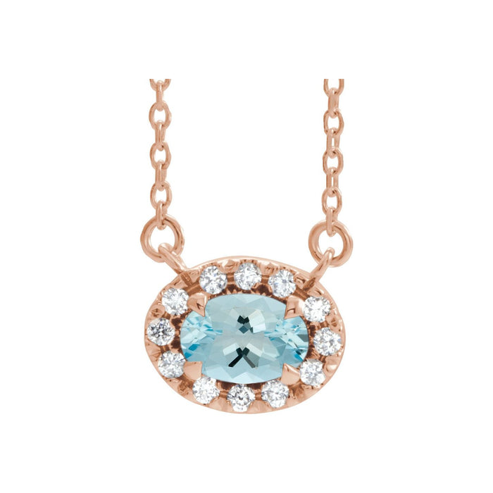 Oval Aquamarine and Diamond Halo Necklace in 14K Rose Gold on a 16 or 18 inch gold cable chain