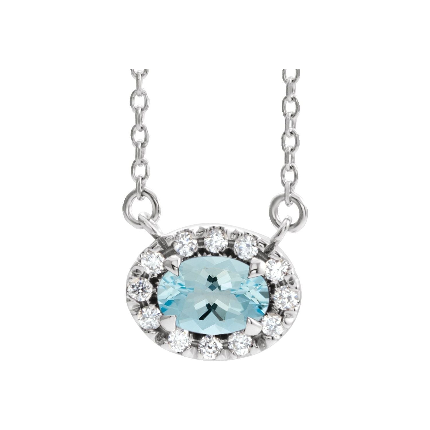 Oval Aquamarine and Diamond Halo Necklace in 14K White Gold on a 16 or 18 inch gold cable chain