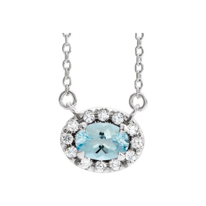 Oval Aquamarine and Diamond Halo Necklace in 14K White Gold on a 16 or 18 inch gold cable chain
