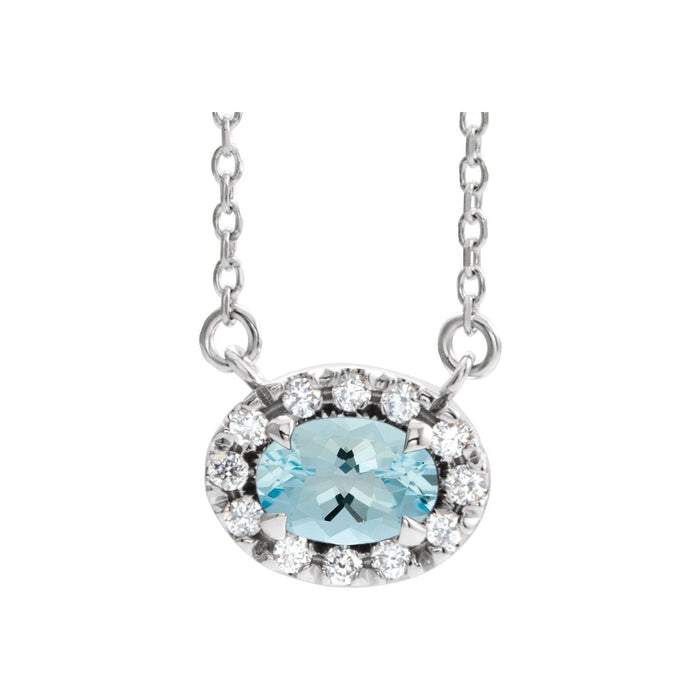 Oval Aquamarine Pendant, Diamond Halo in 14K White Gold