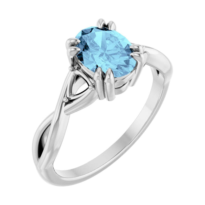 Oval Aquamarine Double Claw-Prong Three-Stone Engagement Ring in 14K White Gold with 1.5 ct oval diamond
