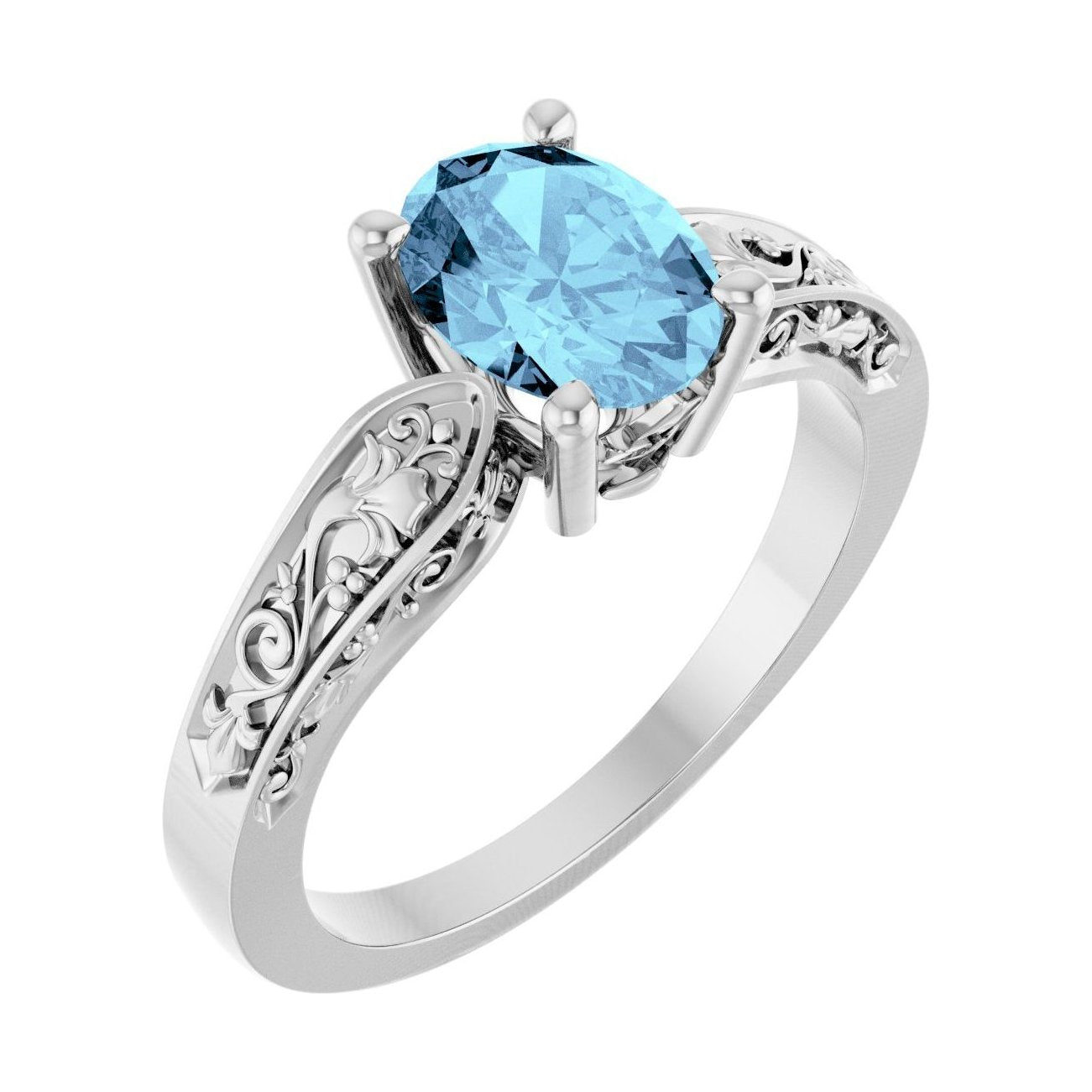 Oval Aquamarine Floral Sculptural Solitaire Engagement Ring in 14K White Gold with 1.5 ct oval diamond