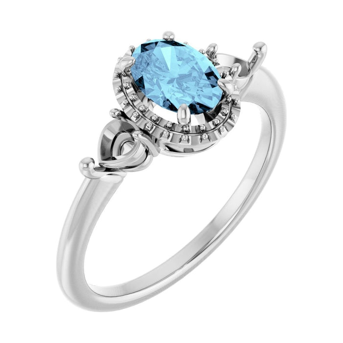 Oval Aquamarine Halo-Accented Three-Stone Engagement Ring in 14K White Gold with 1.0 ct oval diamond