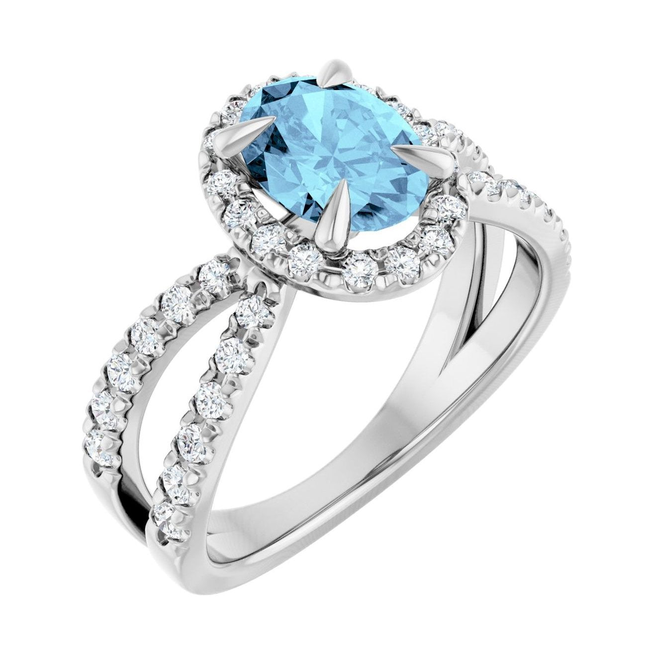 Oval Aquamarine Halo Engagement Ring in 14K White Gold with 1.5 ct oval diamond