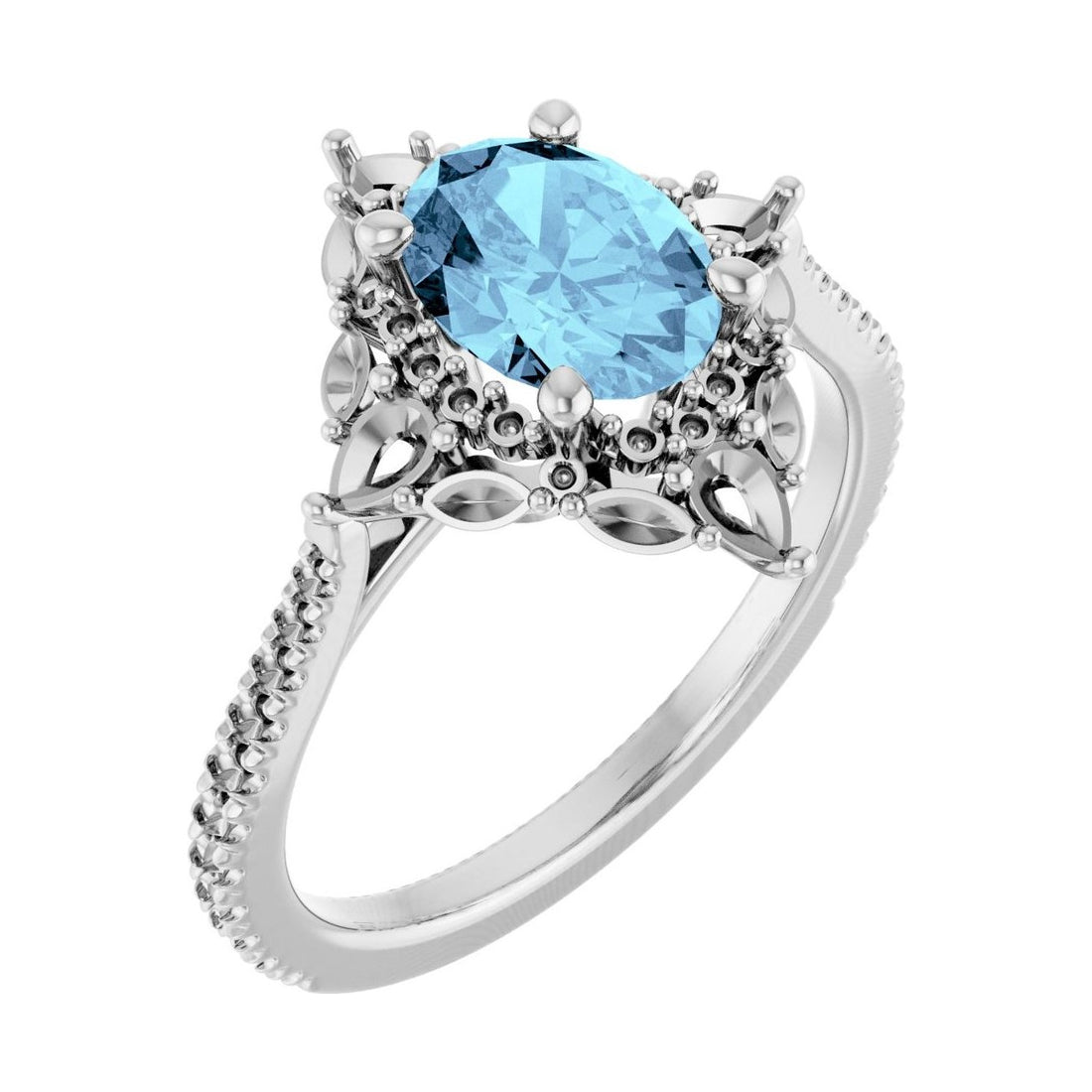 Oval Aquamarine Halo Engagement Ring in 14K White Gold with 1.5 ct oval diamond