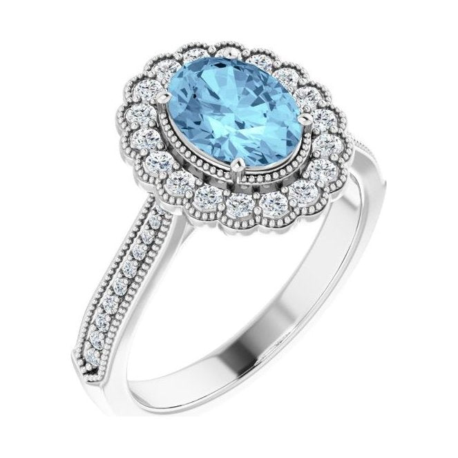 Oval Aquamarine Halo Engagement Ring in 14K White Gold with 1.5 ct oval diamond