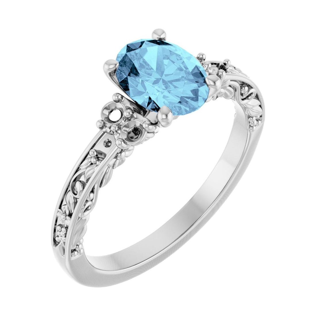 Oval Aquamarine Sculptural Pavé Engagement Ring in 14K White Gold with 1.5 ct oval diamond