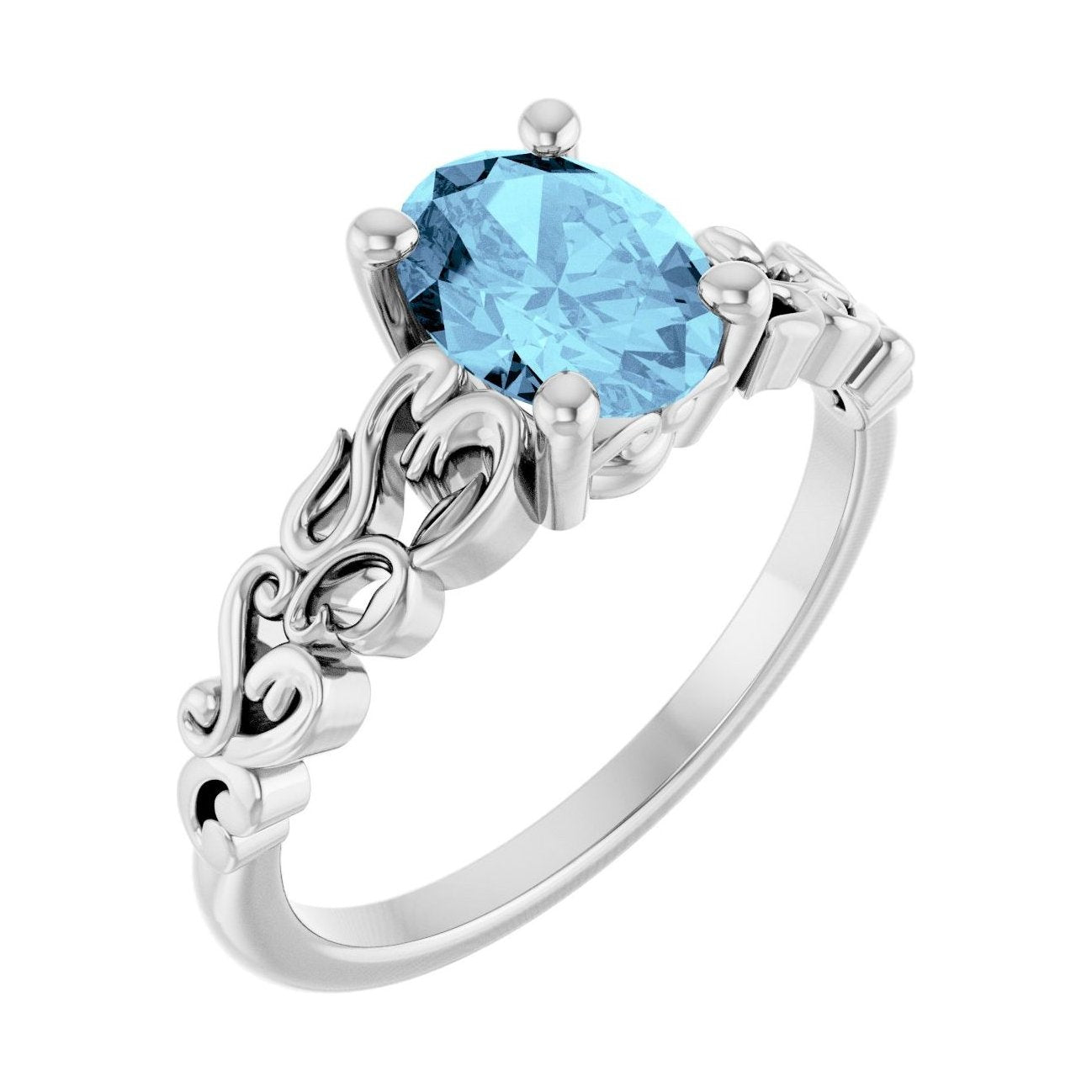 Oval Aquamarine Sculptural Solitaire Engagement Ring in 14K White Gold with 1.5 ct oval diamond