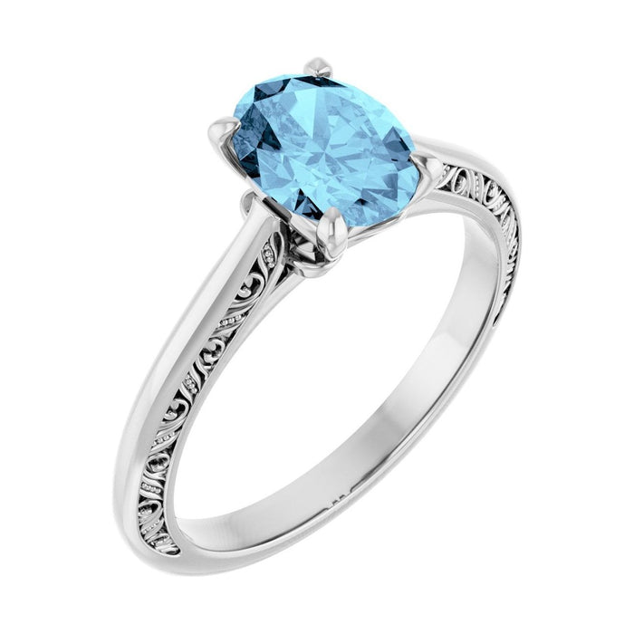 Oval Aquamarine Sculptural Solitaire Engagement Ring in 14K White Gold with 1.5 ct oval diamond