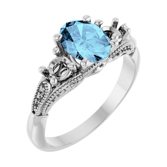 Oval Aquamarine Three-Stone Engagement Ring in 14K White Gold with 1.5 ct oval diamond