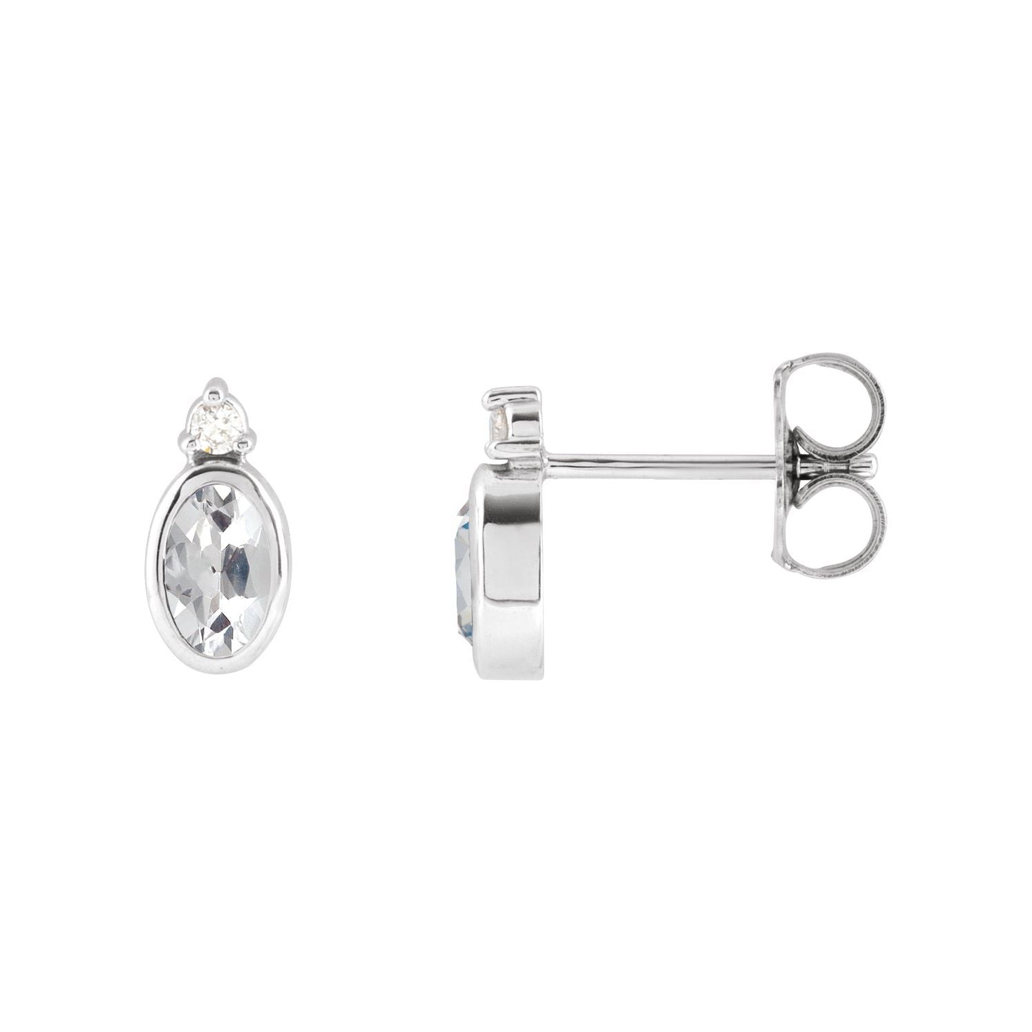 14K White Gold bezel-set 5 x 3 mm oval diamond-accented white sapphire stud earrings