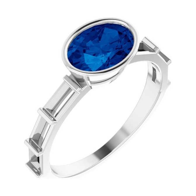 Oval Blue Sapphire Bezel-Set Engagement Ring in 14K White Gold with 1.5 ct oval diamond