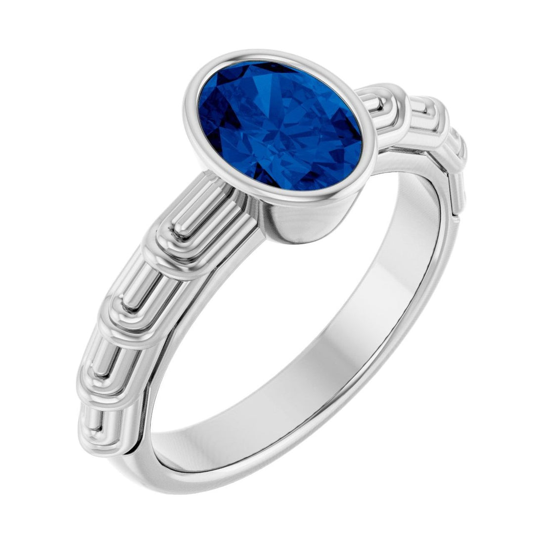Oval Blue Sapphire Bezel-Set Engagement Ring in 14K White Gold with 1.5 ct oval diamond