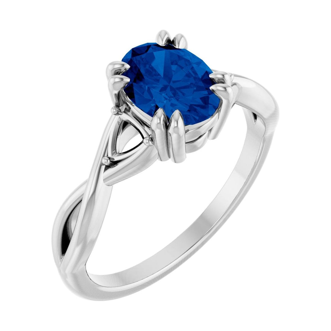 Oval Blue Sapphire Double Claw-Prong Three-Stone Engagement Ring in 14K White Gold with 1.5 ct oval diamond