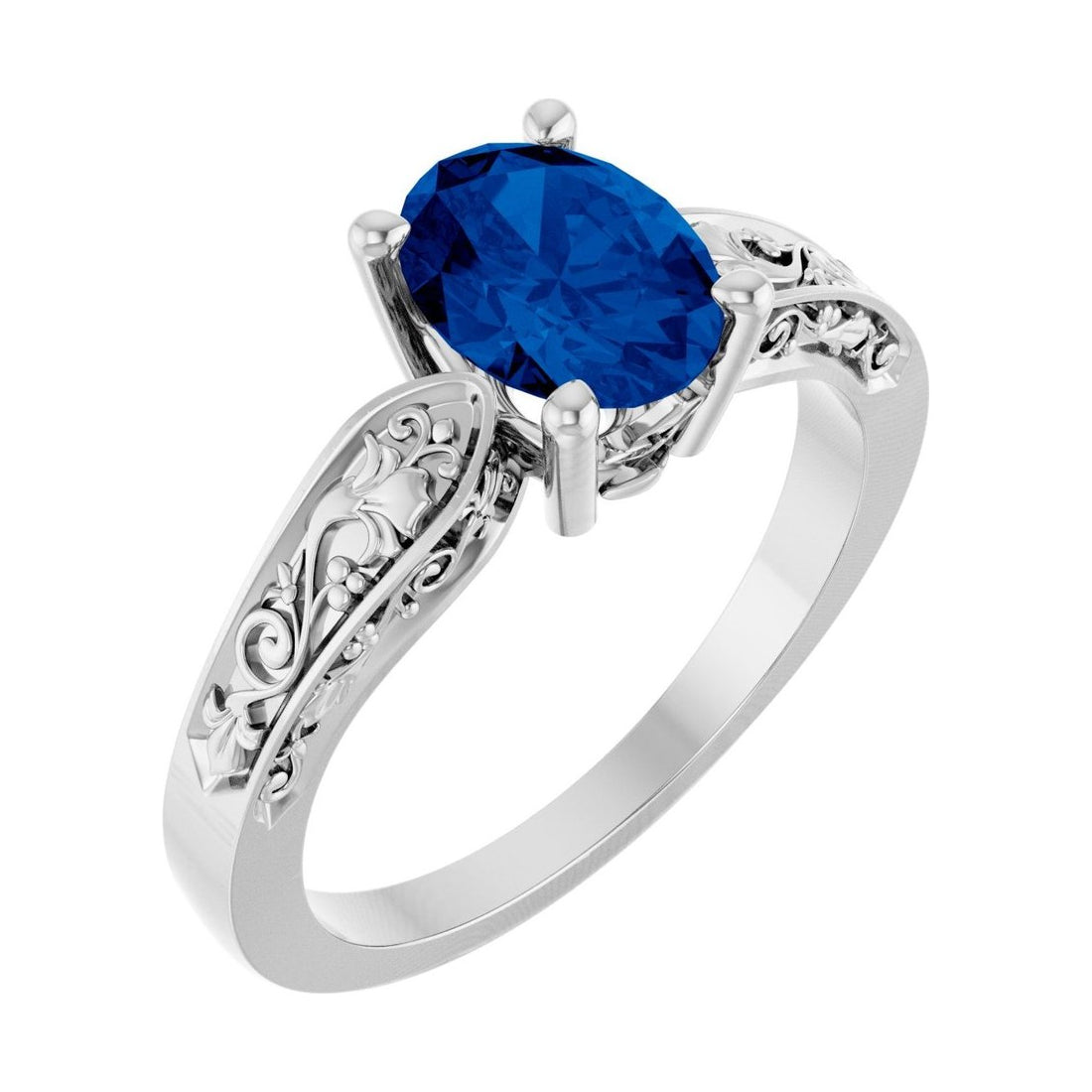 Oval Blue Sapphire Floral Sculptural Solitaire Engagement Ring in 14K White Gold with 1.5 ct oval diamond
