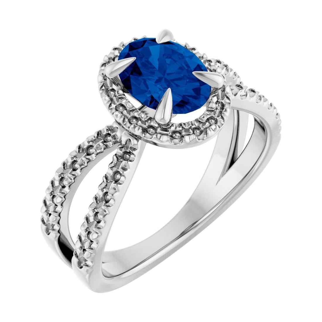 Oval Blue Sapphire Halo Engagement Ring in 14K White Gold with 1.5 ct oval diamond