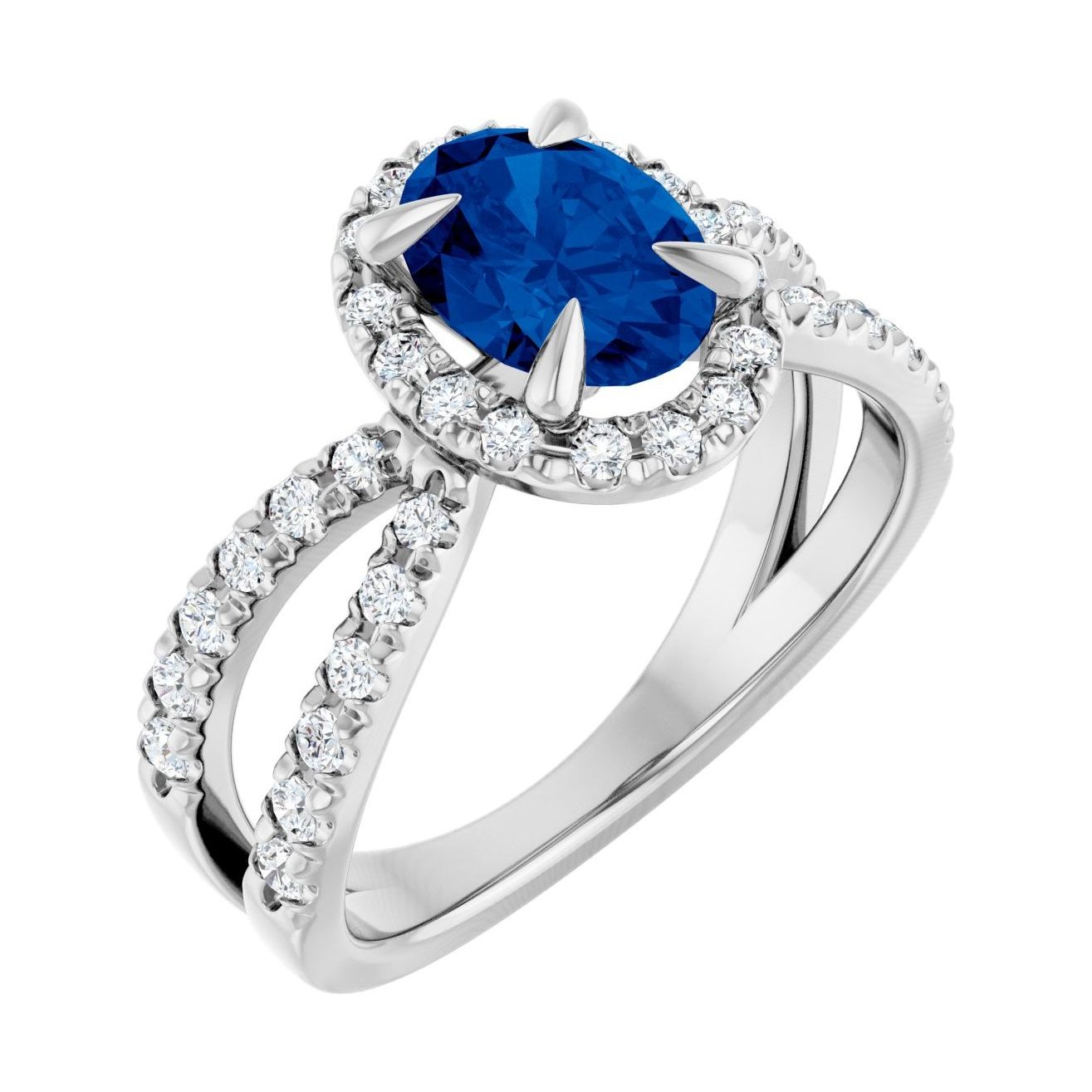 Oval Blue Sapphire Halo Engagement Ring in 14K White Gold with 1.5 ct oval diamond