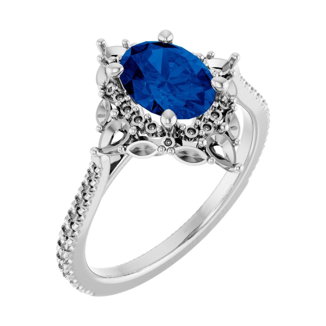 Oval Blue Sapphire Halo Engagement Ring in 14K White Gold with 1.5 ct oval diamond