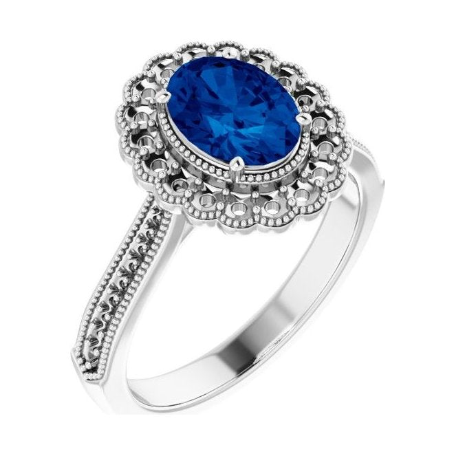 Oval Blue Sapphire Halo Engagement Ring in 14K White Gold with 1.5 ct oval diamond