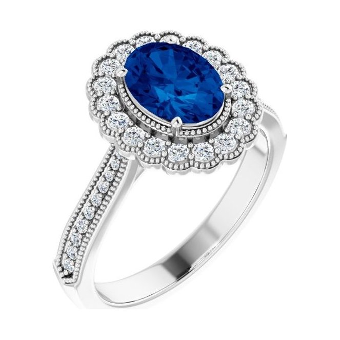 Oval Blue Sapphire Halo Engagement Ring in 14K White Gold with 1.5 ct oval diamond