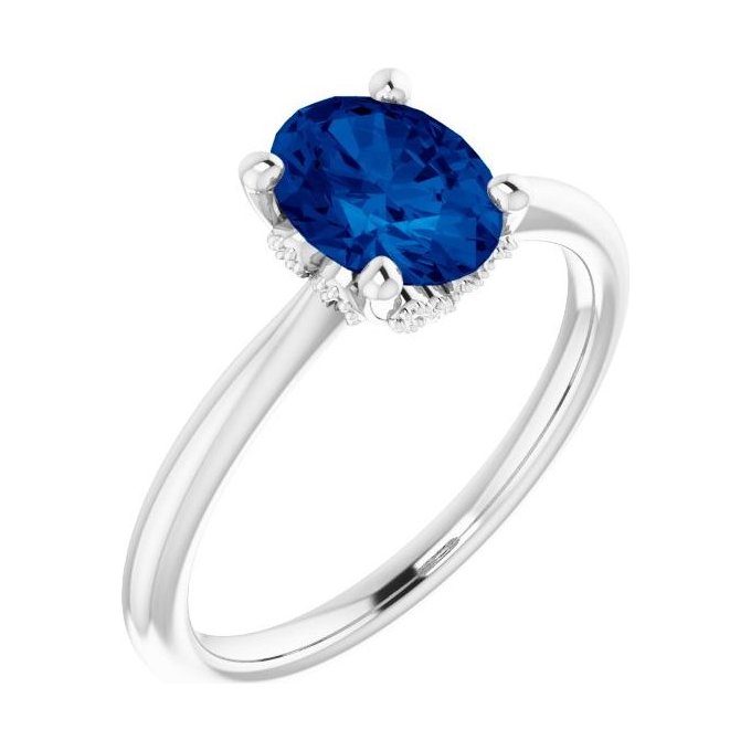 Oval Blue Sapphire Pavé Engagement Ring in 14K White Gold with 1.5 ct oval diamond