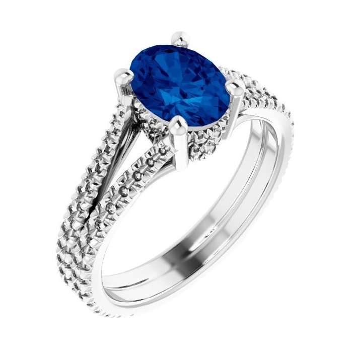 Oval Blue Sapphire Pavé Engagement Ring in 14K White Gold with 1.5 ct oval diamond
