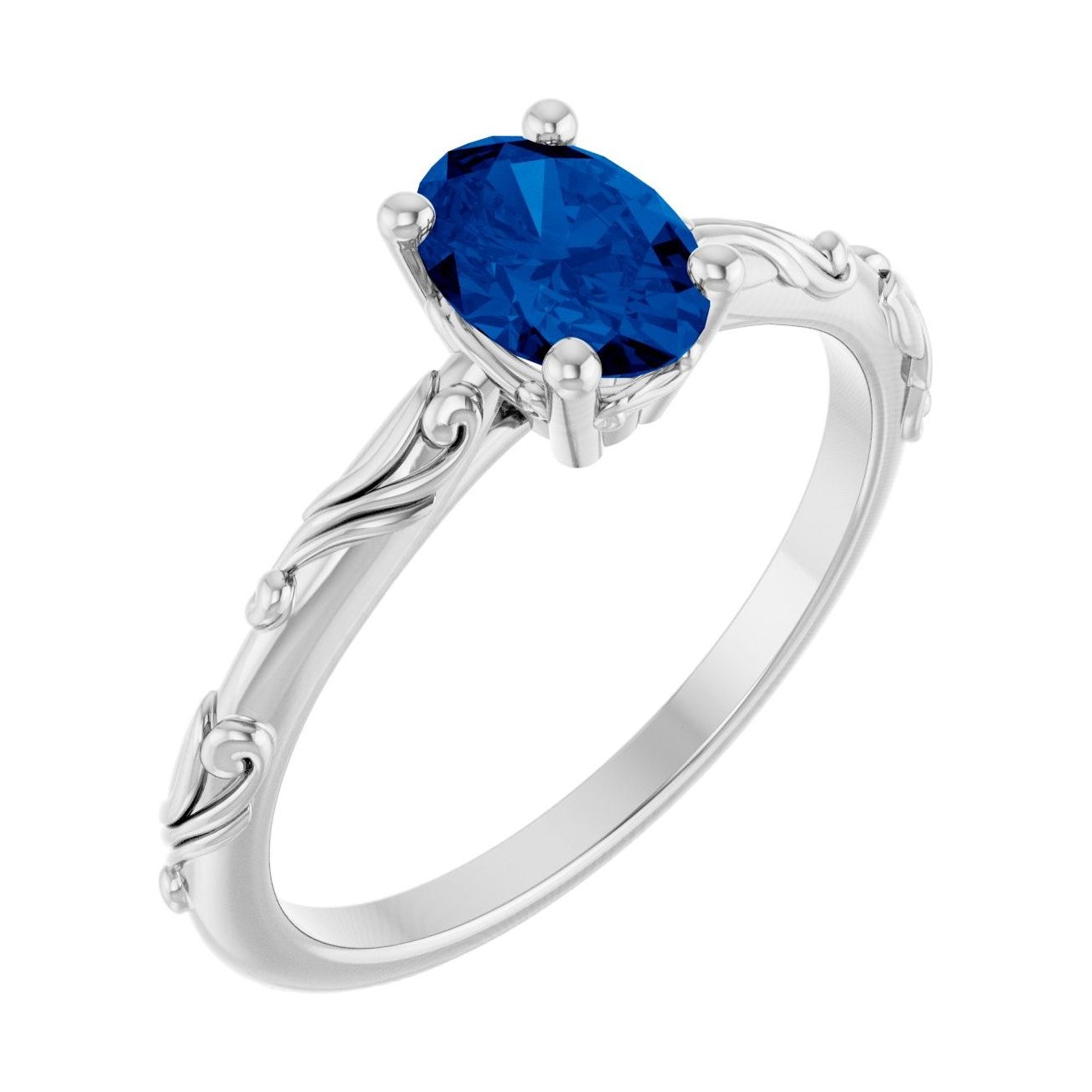 Oval Blue Sapphire Scroll Sculptural Solitaire Engagement Ring in 14K White Gold with 1.0 ct oval diamond