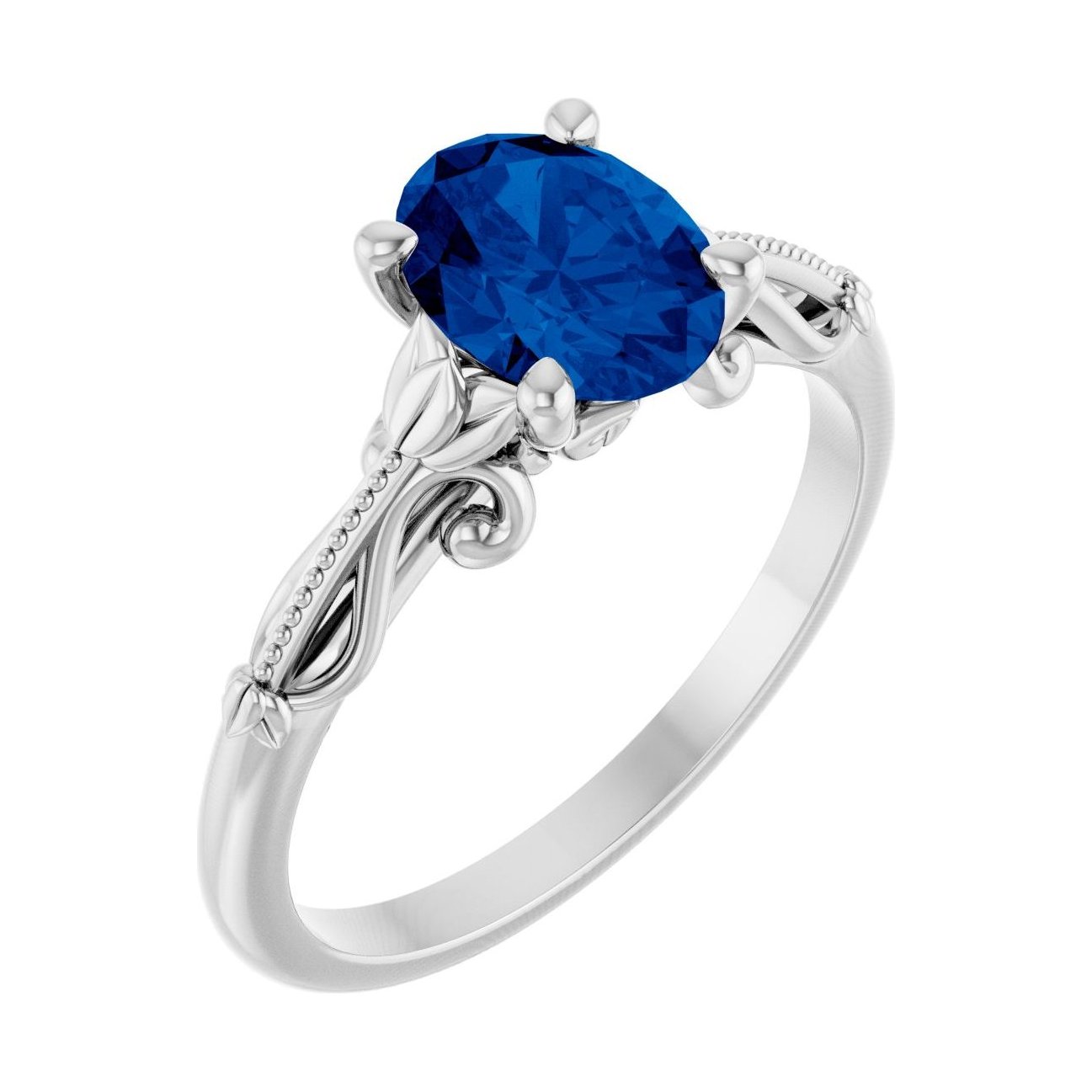 Oval Blue Sapphire Sculptural Solitaire Engagement Ring in 14K White Gold with 1.5 ct oval diamond