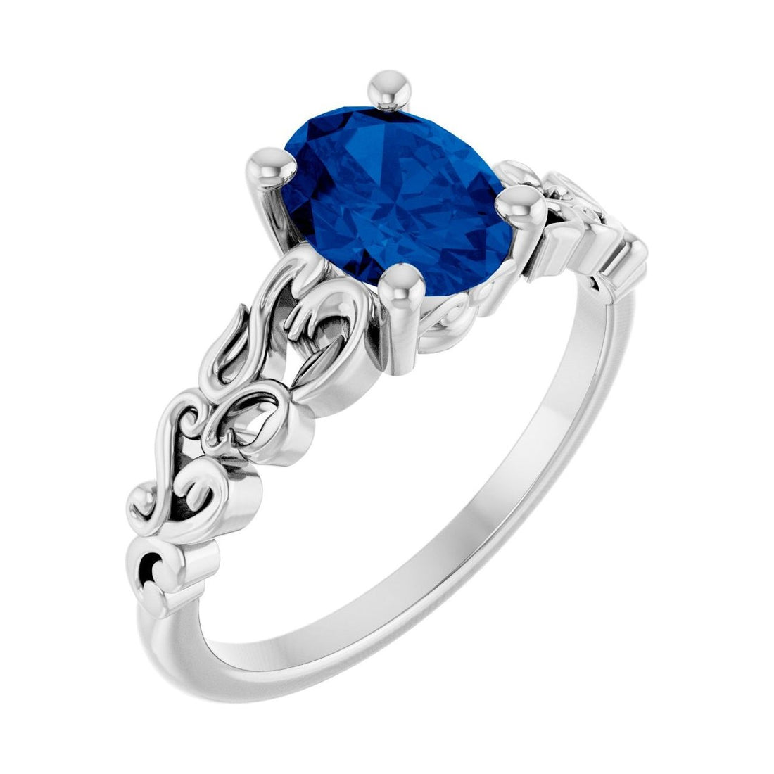 Oval Blue Sapphire Sculptural Solitaire Engagement Ring in 14K White Gold with 1.5 ct oval diamond